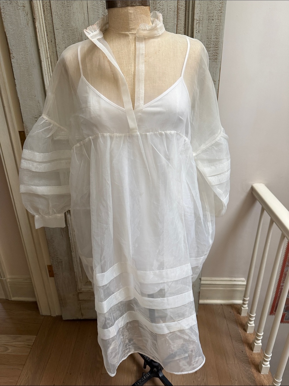 Sheer White Organza Midi Dress with Striped Hem